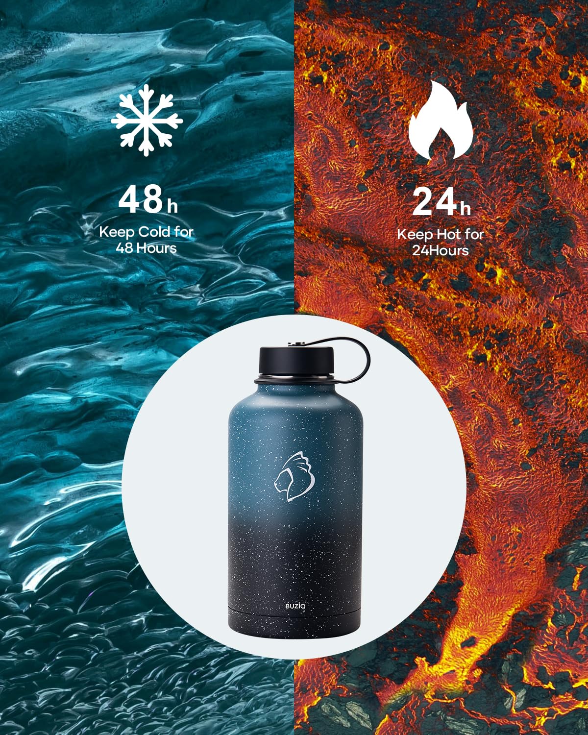 BUZIO 64oz Insulated Water Bottle with Straw Lid  Half Gallon Double Wall Food-Grade Stainless Steel Water Bottle with Carrying Pouch  Wide Mouth BPA-Free Sweat-Proof Sports Water Flask  Keep Hot Cold